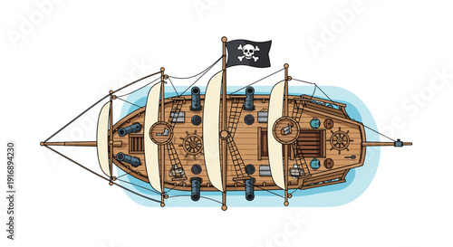 An overhead view shows a detailed pirate ship with cannons, multiple sails, and a skull and crossbones flag flying.