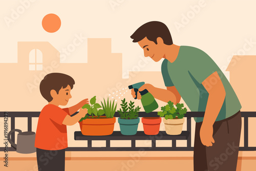 Father and son gardening on urban balcony watering plants, learning sustainability