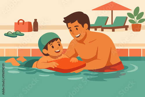Father and son bonding during a swimming lesson at the pool