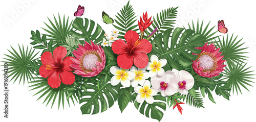 Vibrant tropical floral arrangement with colorful flowers and lush greenery on white background