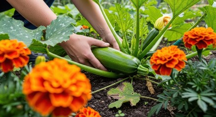 Sustainable companion planting concept. Hands harvesting zucchini among marigold flowers in a garden bed with rich soil.