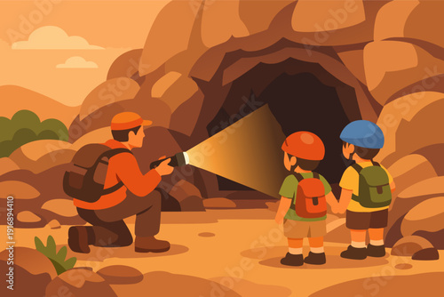 Guide leading children into a dark cave, discovering nature during outdoor adventure