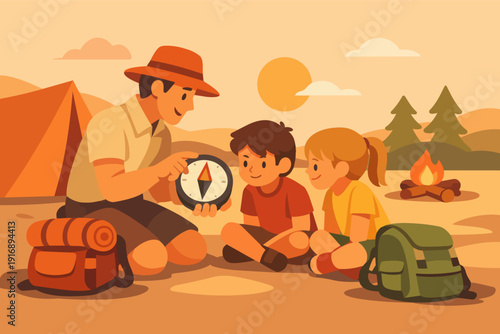 Outdoor instructor teaching children navigation skills with a compass during camping