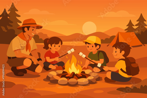 Outdoor family camping experience, roasting marshmallows over bonfire at sunset