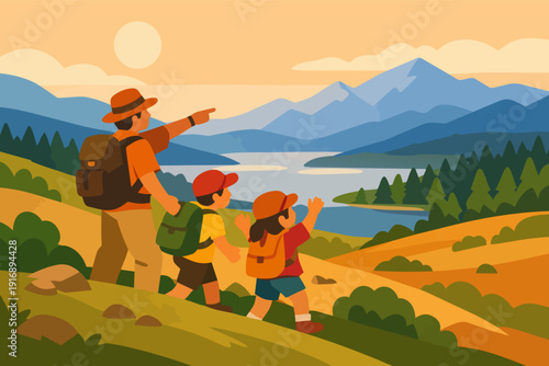 Family enjoying outdoor adventure, hiking together in mountain landscape at sunset
