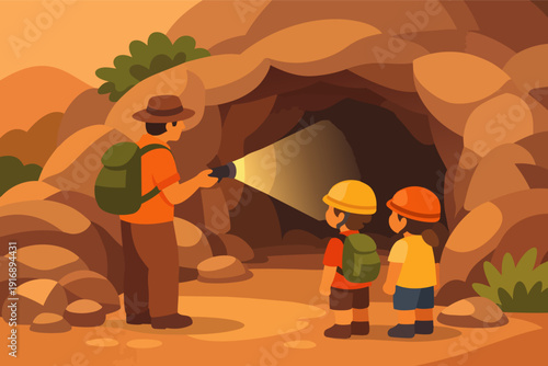 Guide leading children into a cave entrance during an educational exploration