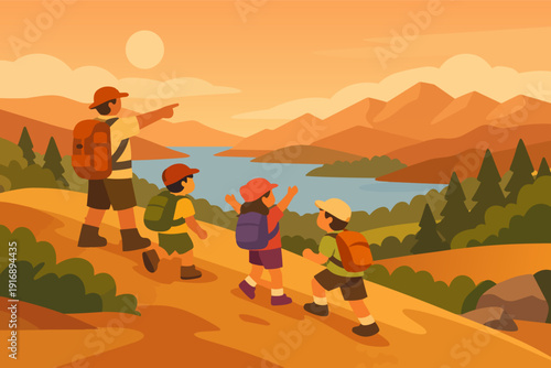 Family hiking in mountains at sunset, exploring nature and enjoying adventure together