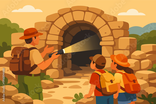 Archaeologist guiding children exploring ancient ruins, illuminating a dark cave entrance