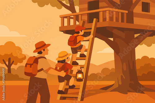 Family exploring childhood adventure climbing to a treehouse