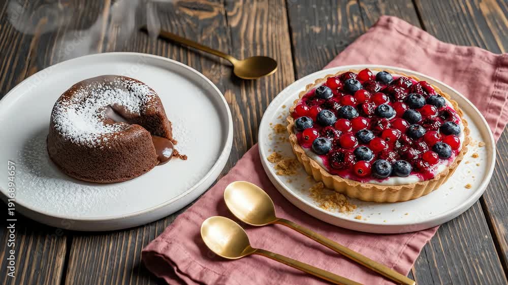 custom made wallpaper toronto digitalGourmet dessert display chocolate lava cake and fruit tart on rustic wooden table