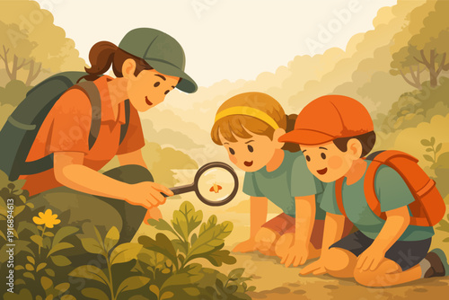 Children exploring nature with a teacher, observing a bug with a magnifying glass