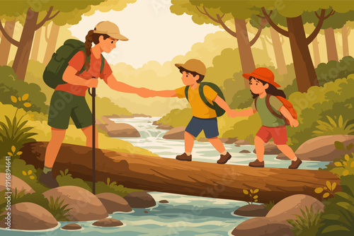 Family hiking and exploring nature, helping children cross a river log