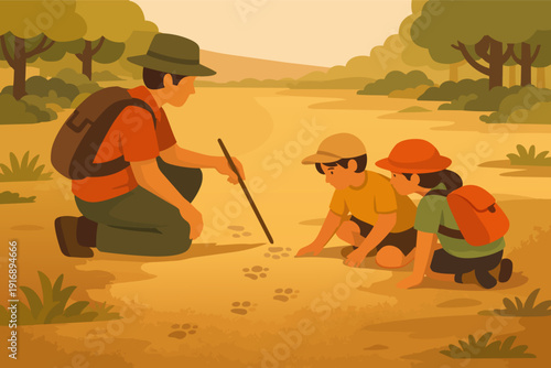 Guide teaching kids tracking animal paw prints during nature exploration field trip