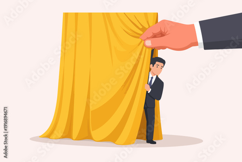 Businessman peeking behind a curtain, hand revealing a secret concept