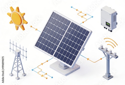 Innovative solar energy system showcasing photovoltaic panels sun icon and electrical connections illustrating sustainable technology investment and renewable energy solutions