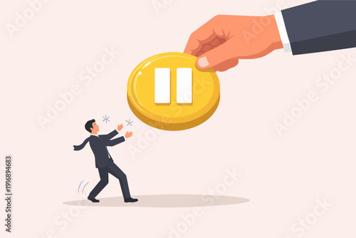 Hand holding pause symbol over businessman stopping or delaying work