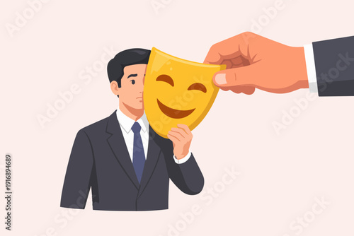 Manager hiding sad face behind a smiling mask, dealing with impostor syndrome