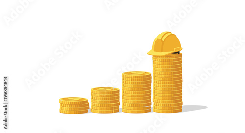 A yellow construction hard hat caps a rising bar graph formed by increasingly taller stacks of shiny gold coins.