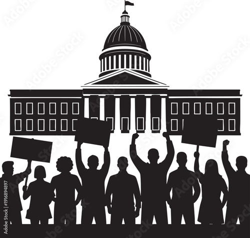 People protesting near capitol building holding signs for change demonstration political activism group.