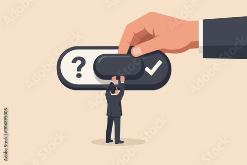 Man deciding between uncertainty and certainty, influenced by larger controlling hand