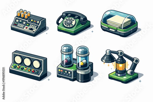 Retro future technology icons illustration exploring vintage science fiction elements