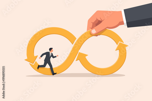 Businessman running on an infinity loop held by a large controlling hand