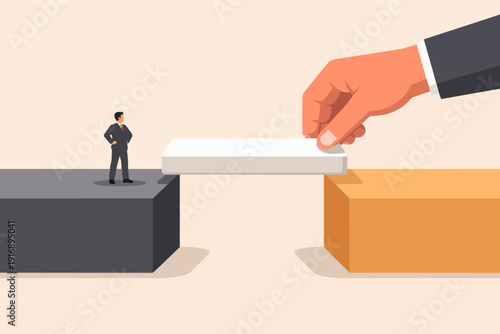 Business man seeking connection as giant hand creates a bridge