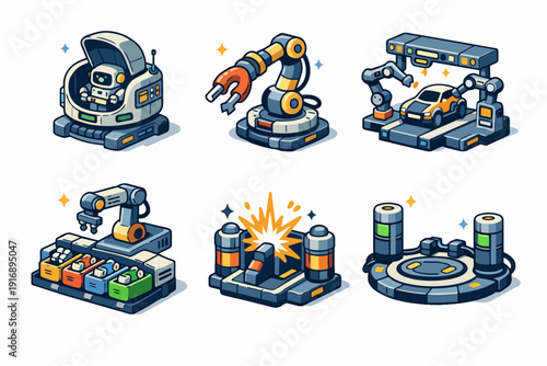 Industrial automation working, assembling, manufacturing, and sorting in a factory