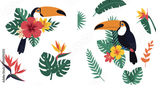 Colorful illustration of two toucans surrounded by tropical leaves and flowers on white background
