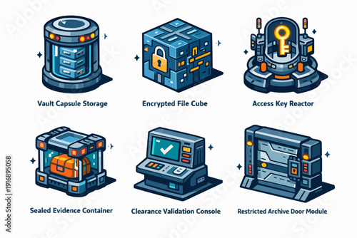 Cybersecurity icon set showing data encryption, storage vault, and access control