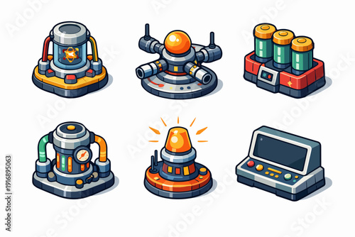 Isometric scifi laboratory assets for game design and technological research