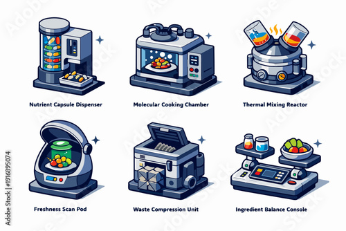 Future kitchen automation icons for smart home cooking technology and nutrition
