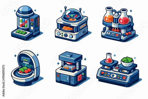 Isometric set of future food production, processing, and laboratory equipment