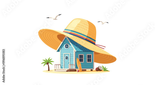 A blue beach house with a surfboard leans on its side, covered by a large straw hat on a sandy island.
