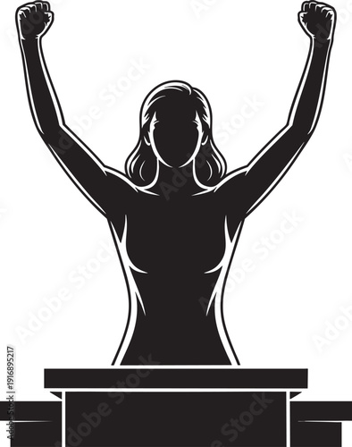 Woman on stage with arms raised in victory pose speaking from podium symbol of empowerment