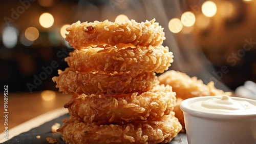 Wallpaper Mural Stack of golden onion rings with dipping sauce food photography Torontodigital.ca