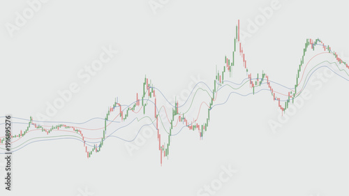 Financial candlestick stock market chart showing price fluctuations with moving average lines on light gray background