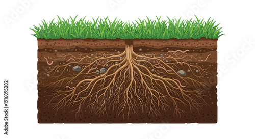 A detailed cross-section shows green grass with extensive roots, rocks, and earthworms living within the brown soil layers.