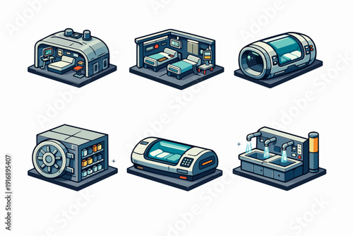 Futuristic isometric sci-fi medical and storage equipment set for game assets