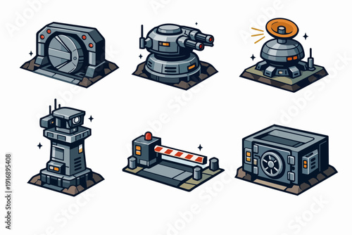 Sci-fi base protecting system elements set. Military security equipment isometric icons