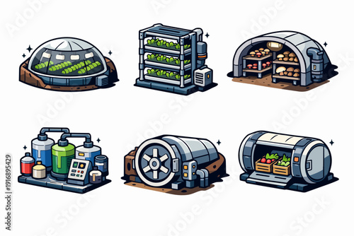 Space farming and agriculture concept set, illustrating futuristic crop production systems
