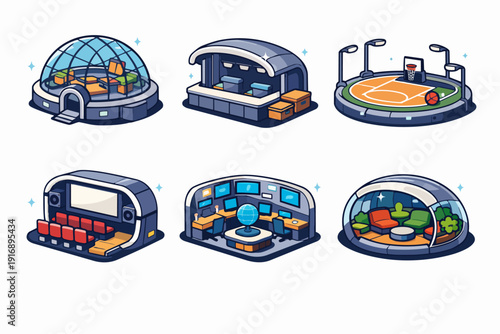 Future city modules set, isometric base elements for sci-fi environment building