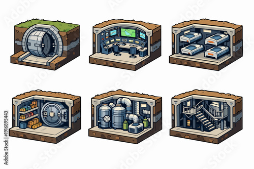 Isometric underground bunker rooms layout for survival and base building strategy
