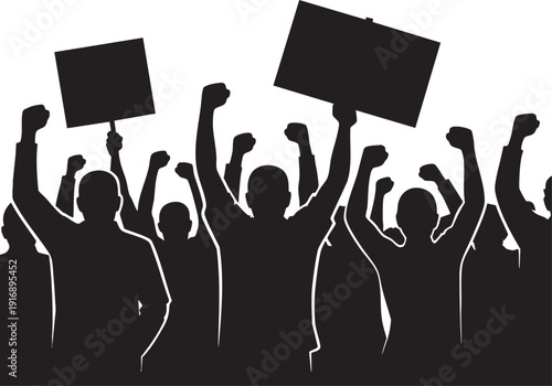 Crowd of protesters holding signs and raising fists in silhouette against transparent background
