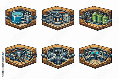 Underground isometric bunker modules illustrating various facility functions and base construction