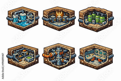 Isometric pixel art underground base rooms for game design