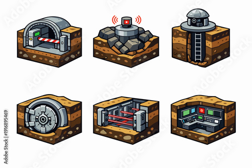 Underground bunker and secret base security system isometric game assets set