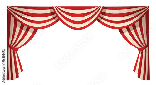 Red and white striped theatrical curtains with decorative ties are elegantly pulled open, revealing a blank space.