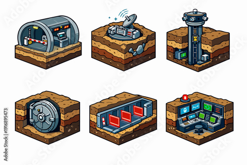 Isometric underground base icons illustrating secret facility and bunker elements for games