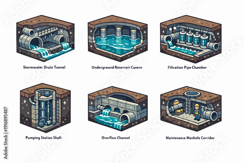 Urban underground water management system showing various sewer infrastructure elements